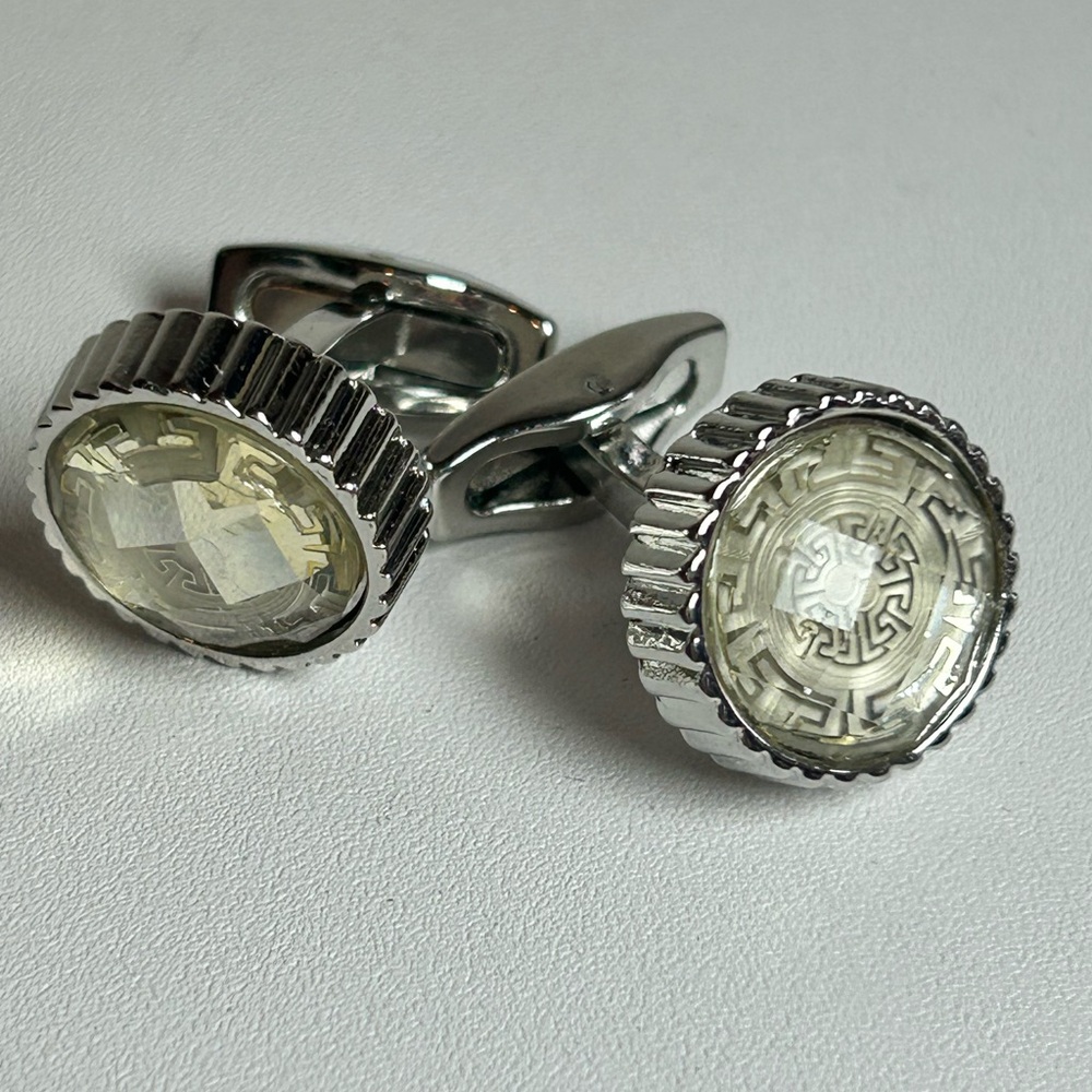 Elegant Vintage faceted glass cufflinks geometric Greek key design Silver tone - Picture 2 of 5